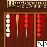 Ett backgammonbräde med vita och röda spelpjäser och två tärningar