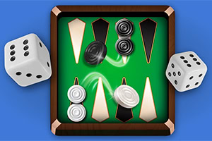 Ett brädspel med svarta och vita pjäser på ett grönt spelbräde, omgivet av två tärningar