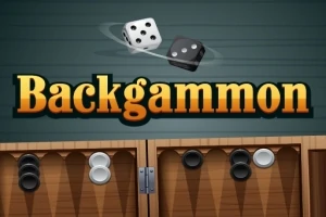 Texten Backgammon i guld framträder mot en mörk bakgrund med två tärningar ovanför, samt en spelbräda med svarta och vita pjäser nedanför