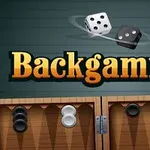 Texten Backgammon i guld framträder mot en mörk bakgrund med två tärningar ovanför, samt en spelbräda med svarta och vita pjäser nedanför