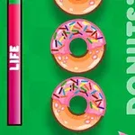Tre munkar med rosa glasyr och strössel, vertikal text DONUTS, och en livsmätare på en grön bakgrund