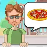 Tecknad man i grön tröja med glasögon står framför ett hus, tänker på pizza och hamburgare i en pratbubbla