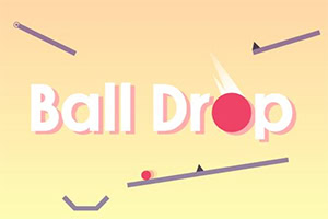 Texten Ball Drop i vitt och rosa på en gul bakgrund med linjära hinder och en röd boll