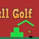 Texten Ball Golf i stora bokstäver ovanför enkla geometriska former och en golfboll på en röd bakgrund