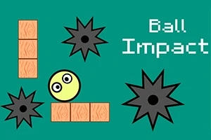 En gul boll med ögon ligger bland orange block och svarta stjärnformade hinder på en grön bakgrund med texten Ball Impact