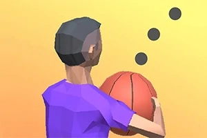 En lågupplöst, polygonformad figur i lila tröja håller en basketboll med orange bakgrund och svarta prickar ovanför