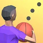 En lågupplöst, polygonformad figur i lila tröja håller en basketboll med orange bakgrund och svarta prickar ovanför