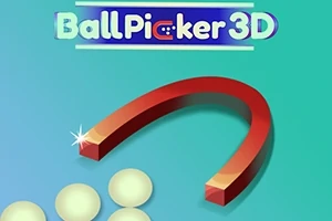Röd magnetbåge med lysande vita bollar på grönblå bakgrund och texten Ball Picker 3D ovanför