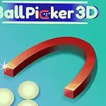 Röd magnetbåge med lysande vita bollar på grönblå bakgrund och texten Ball Picker 3D ovanför