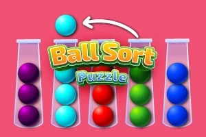 Färgade bollar i reagensrör mot en rosa bakgrund med texten Ball Sort Puzzle