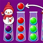 En snögubbe och jultomte som hanterar färgglada bollar i rör mot en lila bakgrund