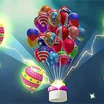 Färgglada ballonger, inklusive några med nationella flaggor, svävar uppåt med ljuseffekter och en hand som trycker på en knapp
