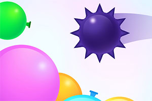Färgglada ballonger och en lila spikig boll mot en ljus bakgrund