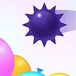 Färgglada ballonger och en lila spikig boll mot en ljus bakgrund