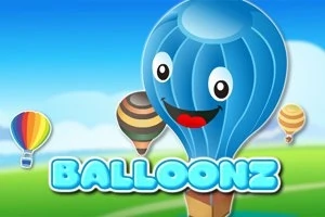 Tecknad bild av en glad blå luftballong med ansikte mot en klar himmel, omgiven av flerfärgade luftballonger och texten BALLOONZ nedanför
