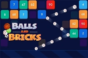 Flerfärgade numrerade block och studsbollar på en mörk bakgrund med texten Balls and Bricks