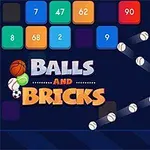 Flerfärgade numrerade block och studsbollar på en mörk bakgrund med texten Balls and Bricks