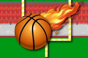 En basketboll med eldflammor bakom sig framför läktare och en målställning