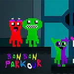 Fyra pixelkonstfigurer i olika färger står på en plattform framför en dörr, med texten Ban Ban Parkour nedanför