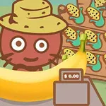 Tecknad figur i hatt bakom ett bord med en stor banan och en skylt med priset $0