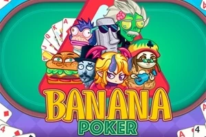 Tecknade karaktärer med unika uttryck sitter runt ett pokerbord framför texten Banana Poker