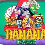 Tecknade karaktärer med unika uttryck sitter runt ett pokerbord framför texten Banana Poker