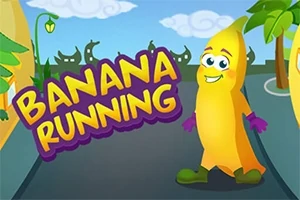 Glad banan i skor och handskar på en väg med texten Banana Running i bakgrunden