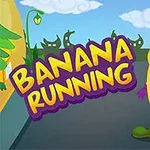 Glad banan i skor och handskar på en väg med texten Banana Running i bakgrunden