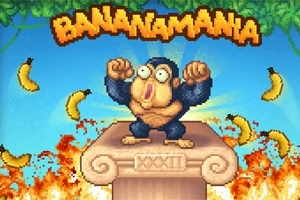 En tecknad apa står på en pelare omgiven av flygande bananer med texten Bananamania ovanför