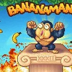 En tecknad apa står på en pelare omgiven av flygande bananer med texten Bananamania ovanför