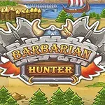 Ett färgglatt spelkoncept med texten Barbarian Hunter omgivet av vikingasymboler, träd och en vikingabåt i bakgrunden