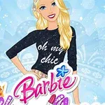 Tecknad blond kvinna med en svart tröja som har texten oh my chic mot en blå bakgrund med text och dekorativa symboler