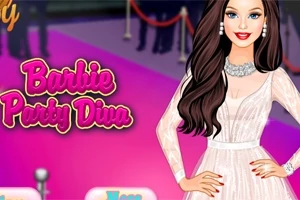En tecknad kvinna med långt mörkt hår i en vit klänning står på en rosa matta bredvid texten Barbie Party Diva