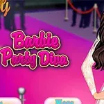 En tecknad kvinna med långt mörkt hår i en vit klänning står på en rosa matta bredvid texten Barbie Party Diva