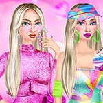 Två animerade kvinnor med långt blont hår klädda i färgglada, glittriga kläder och accessoarer står framför en rosa bakgrund; den ena håller en regnbågsfärgad rullskridsko