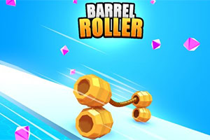 Två sammanlänkade guldfärgade cylindrar på en blå bakgrund med rosa diamanter i närheten, och texten BARREL ROLLER ovanför