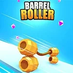 Två sammanlänkade guldfärgade cylindrar på en blå bakgrund med rosa diamanter i närheten, och texten BARREL ROLLER ovanför