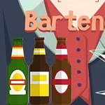 Tre flaskor med etiketter och ett cocktailglas mot en bakgrund av en kostym med texten Bartender