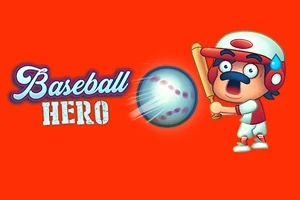 Tecknad basebollspelare med vitt och rött kläder svingar ett slagträ mot en flygande baseboll, med texten Baseball Hero på en orange bakgrund