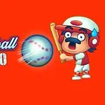 Tecknad basebollspelare med vitt och rött kläder svingar ett slagträ mot en flygande baseboll, med texten Baseball Hero på en orange bakgrund