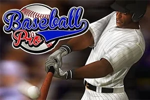 En baseballspelare med vit randig dräkt svingar ett slagträ medan texten Baseball Pro och en baseboll syns i bakgrunden