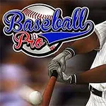 En baseballspelare med vit randig dräkt svingar ett slagträ medan texten Baseball Pro och en baseboll syns i bakgrunden