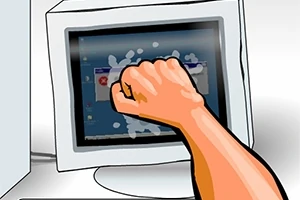 En tecknad bild av en knytnäve som slår en datorskärm