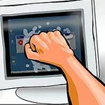 En tecknad bild av en knytnäve som slår en datorskärm