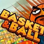 En tecknad basketboll med ansikte och texten Basket & Ball bredvid, mot en bakgrund av en suddig publik