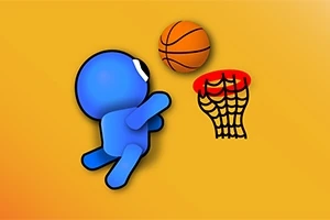 En blå figur hoppar upp för att kasta en basketboll mot en korg på en gul bakgrund