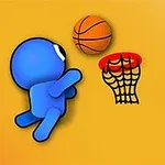 En blå figur hoppar upp för att kasta en basketboll mot en korg på en gul bakgrund
