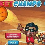 Tecknat basketbollspel med spelare i fokus, boll på väg mot korgen och menyer för att fortsätta turnering eller spela