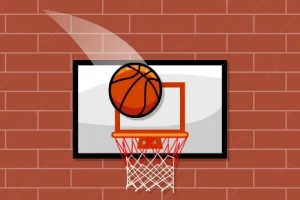 En basketboll är på väg mot en basketkorg framför en röd tegelvägg