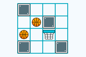 En rutnät med två basketbollar, fyra grå block och en basketkorg